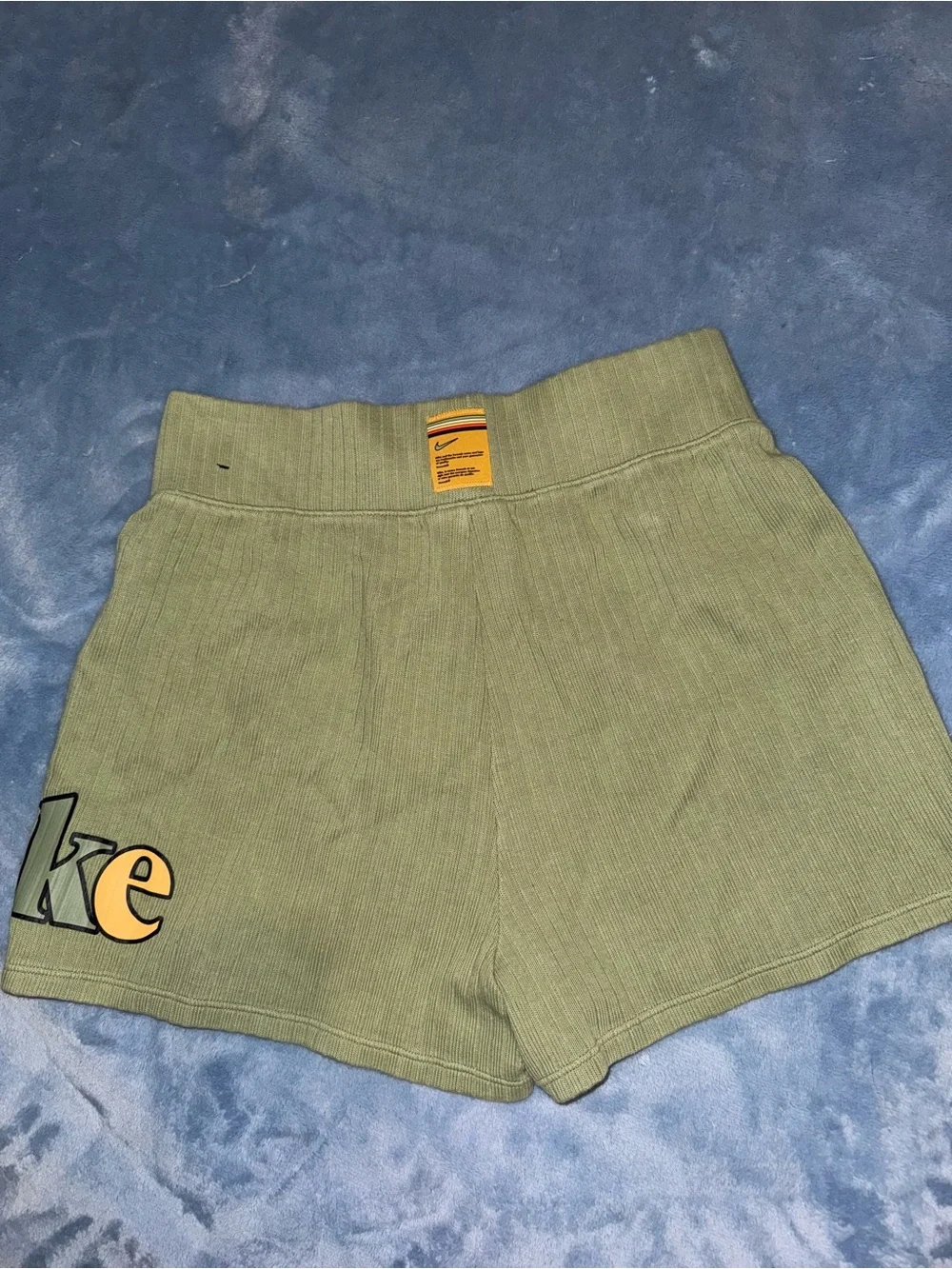 Nike Olive Ribbed High-Waist Athletic Shorts with Logo-Size Large